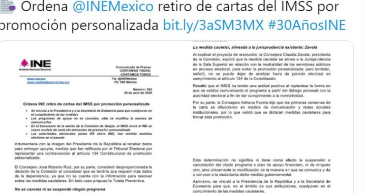 Ordena INE retiro de cartas del IMSS por promoción personalizada