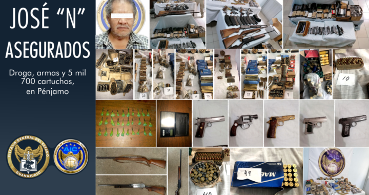 Aseguran miles de cartuchos, droga y armas en Pénjamo