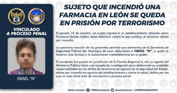 Sujeto que incendió una farmacia en León está en prisión por terrorismo
