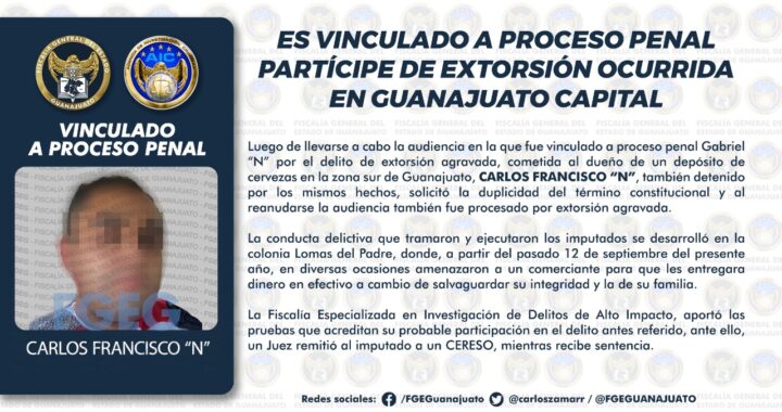 Vinculan a proceso penal a extorsionador de la capital