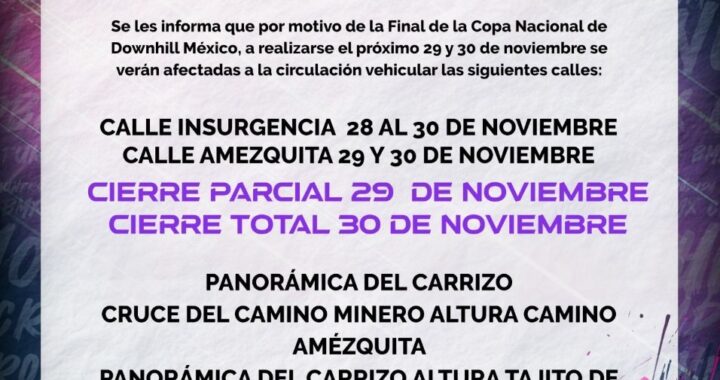 Anuncian cierres viales por el Campeonato Nacional de Downhill y la carrera con causa